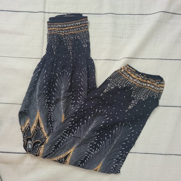 Harem Pants Size EST S Boho Yoga Peacock Print Elastic Waist Joggers - Picture 9 of 9